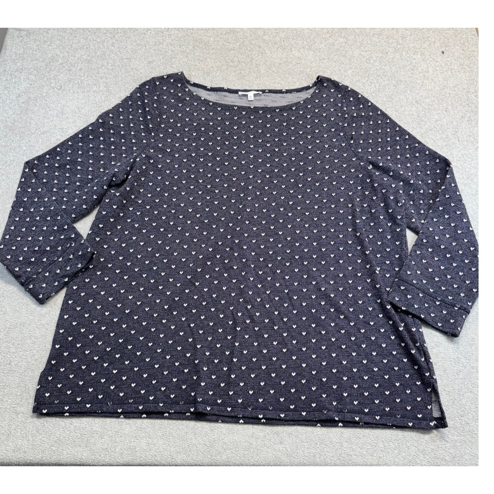 Talbots Hello Saturday Top Womens 2X Navy Blue White Heart Print Boat Neck Knit